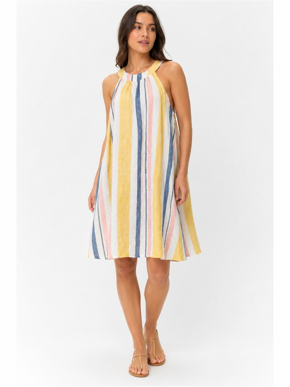 C&C | Linen Striped Round Neckline Lightweight Comfy Relaxed Summer Midi Dress